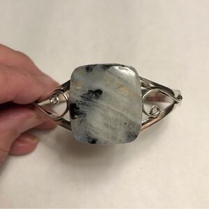 Rainbow Fire Moonstone Stamped Solid 925 Sterling Silver Cuff Bracelet